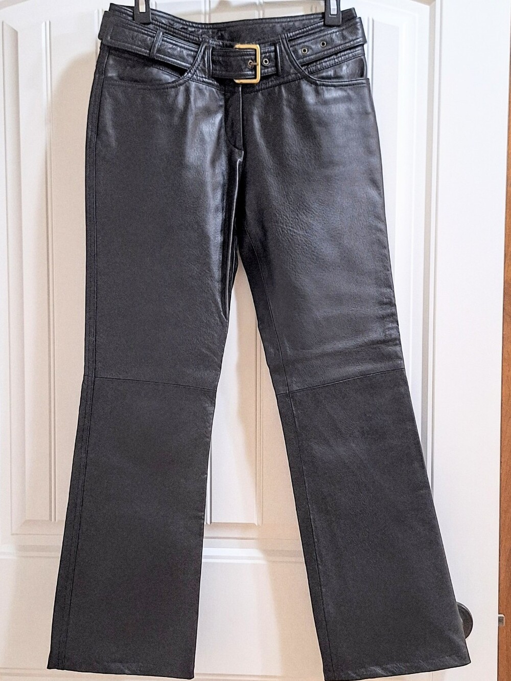 EUC "Side Express" Black 100% Genuine Leather Flared Pants Belted Italian 44